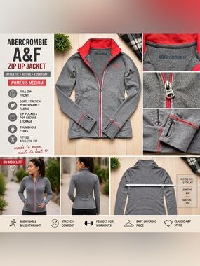 Abercrombie A&F Zip Up Athletic Jacket Gray Red Trim Women’s Medium Activewear